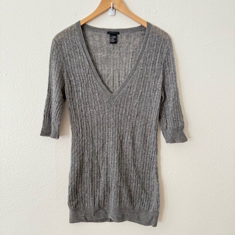 Theory Women's Small 100% Cashmere Grey Short Sleeve Sweater